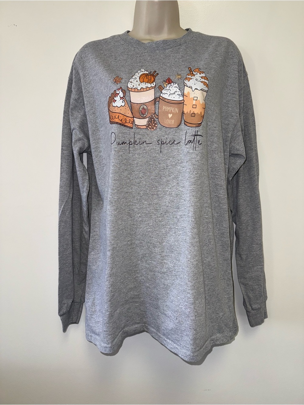 Gildan (Large) Fall 'Pumpkin Spice Latte' Grey Long Sleeve Tee